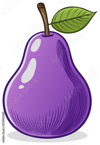 Stylized drawing of a vibrant purple pear with a green leaf