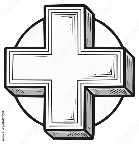 Sketched three dimensional plus sign icon within a circular outline