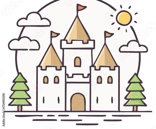 Whimsical cartoon castle with flags, trees, clouds and sun