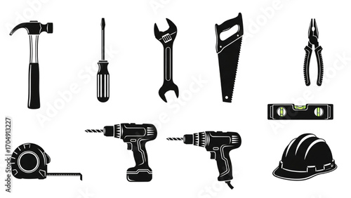 High-Quality Black Silhouette Icon Set of Working Tools – Vector Symbols for Construction, DIY, Repair