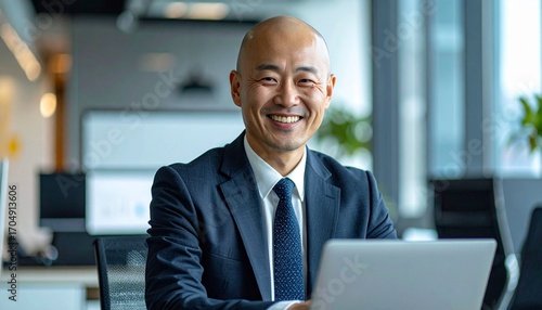 Handsome Japanese businessman with Francis Xavier style bald head
