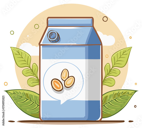 Plant based soy milk in a carton with fresh soybeans and leaves illustration