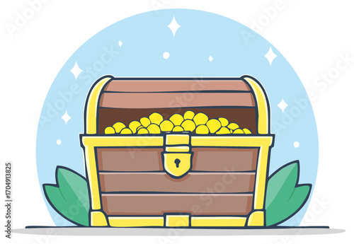 Antique wooden treasure chest filled with shiny gold coins and sparkling stars.