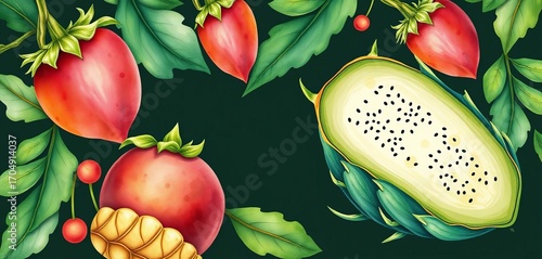 Whimsical chayote fruit & leaf watercolor designs in vibrant hues,  artistic,  orange