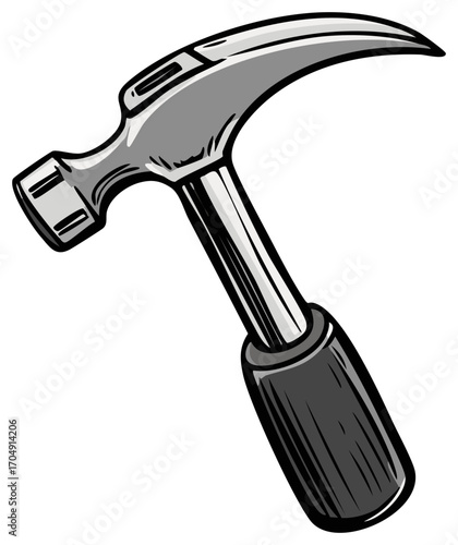 Illustration of a silver claw hammer tool with a black handle for construction or carpentry projects and home improvement tasks.