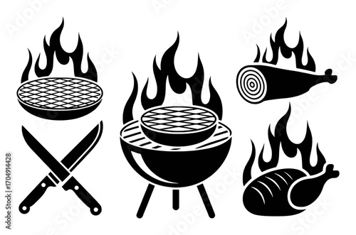 Black and White Icons of Grilling and Barbecue Food on Fire