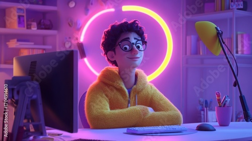 Wallpaper Mural 3D cartoon style, Stylish boy video blogger near computer in home studio lit by round LED neon lamp, camera and microphone nearby Torontodigital.ca