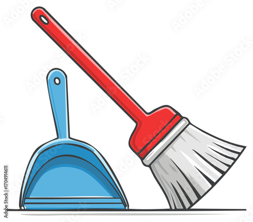 Broom and Dustpan Cartoon Illustration with Red Handle and Blue Dustpan Ready for Cleaning the Floor, Isolated