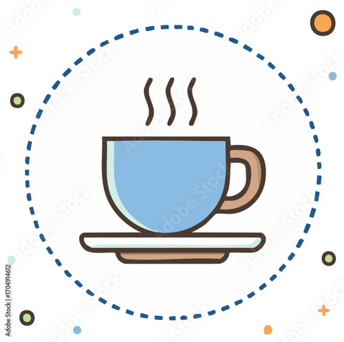 Steaming hot coffee cup on a saucer cute cartoon vector icon illustration