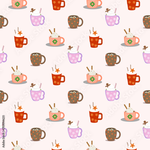 Multi-colored coffee cups topped with whipped cream pattern on soft pink background  for wallpaper, fabric,wrapping paper,notebook cover,clothing,backdrop and stationary.