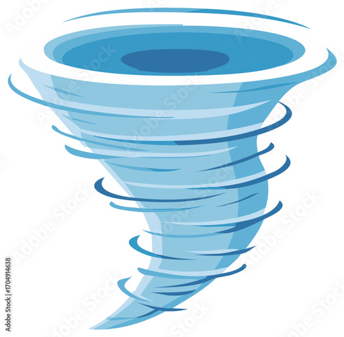Stylized illustration of a swirling tornado with layered blue lines and graphic design.