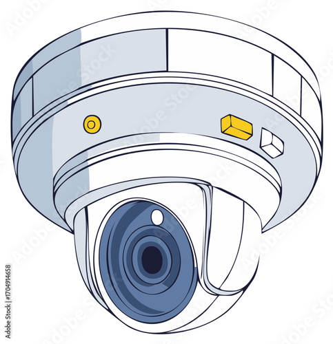 Modern Dome Security Camera with Blue Lens and Yellow Indicator Light
