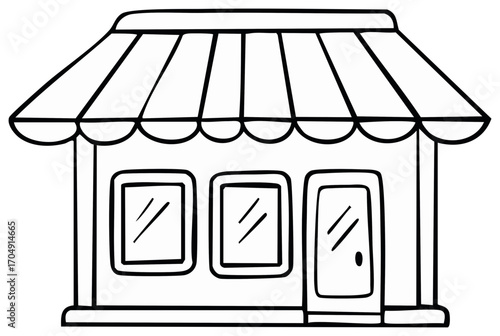 Illustration of a simple store front with awning, two windows, and a door with black outlines and isolated on white background
