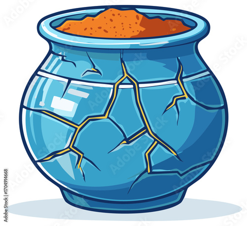 Cracked Ceramic Pot Containing Earthy Soil Illustration Cartoon Style