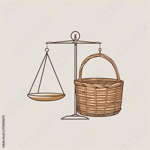 Vintage Balance Scale with Wicker Basket and Empty Pan Illustrating Weight Disparity