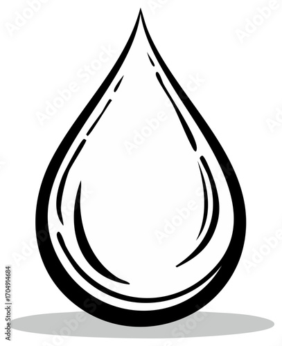 Simple black and white outline drawing of a large water drop with highlights