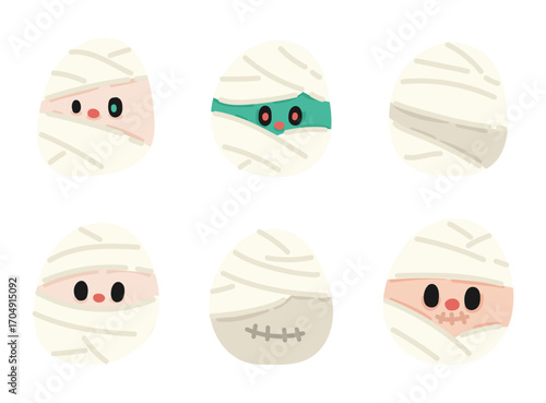 Cute cartoon kawaii mummy face. Halloween cartoon doodle set. 