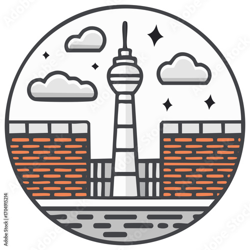 Tower illustration inside a circle with clouds and stars, travel emblem.