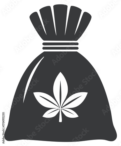 Stylized Dark Gray Bag with White Cannabis Leaf Symbol Tied at Top