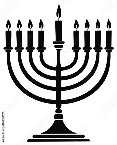 Hanukkah Menorah Icon with Burning Candles Silhouette for Holiday Celebrations, Traditional Symbolism, Jewish Heritage