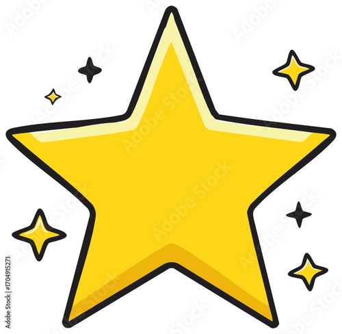 Bright yellow star illustration with surrounding sparkle, isolated
