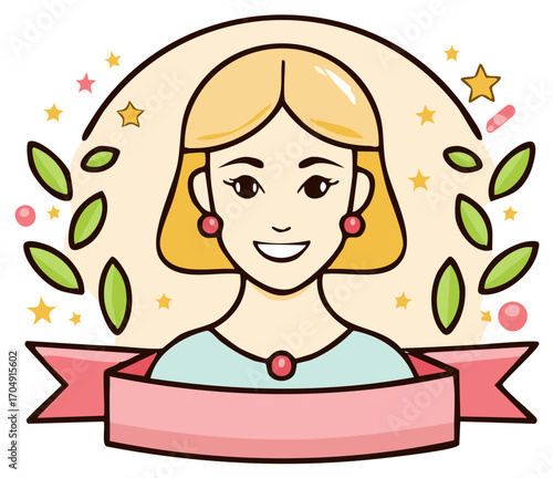 Illustration of a smiling woman with blonde hair, adorned with leaves, stars, and a ribbon banner.