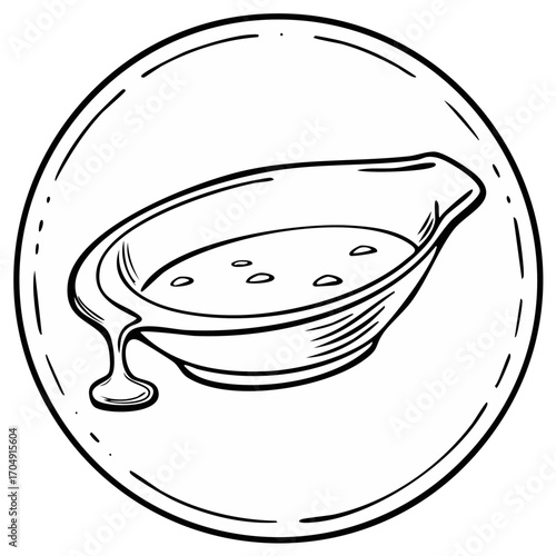 Doodle of Gravy Boat with Gravy, Black and White Line Art in Circle Frame