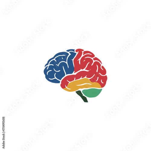 Vector illustration of a color-coded human brain with distinct lobes, symbolizing intelligence, psychology, and neurological functions