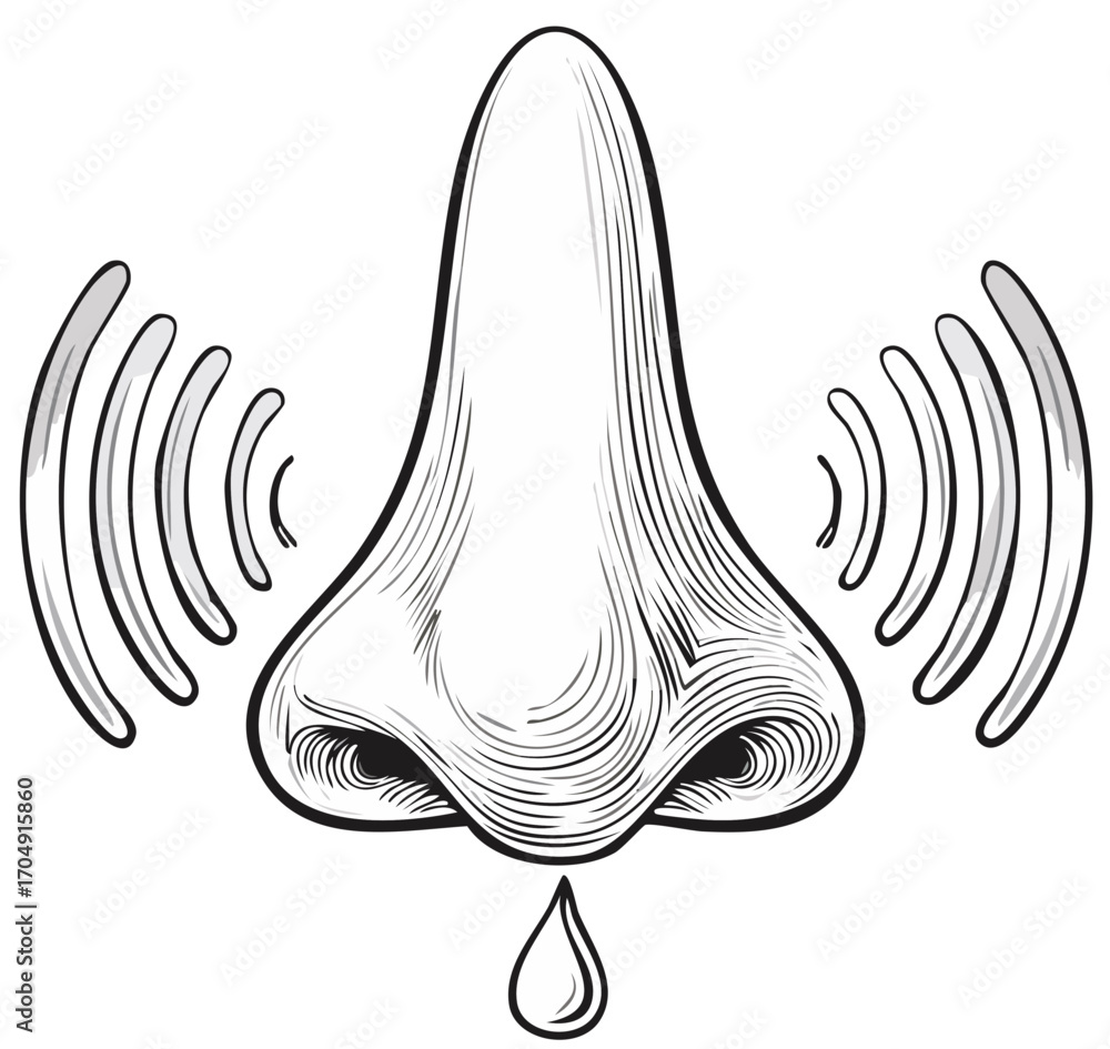 Obraz premium Allergy Season Illustration of a Nose Dripping with Signals Indicating Irritation or Illness