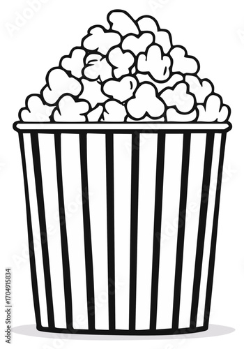 Black and white striped container filled with puffy popcorn snacks