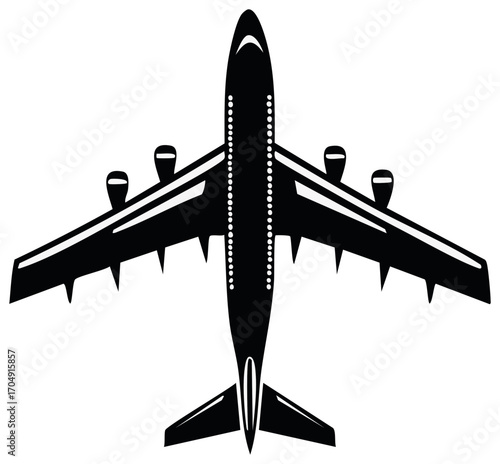 Aerial view of wide-body airplane with four engines and winglets in minimalist black and white graphic