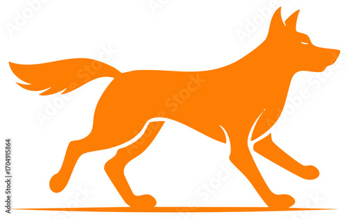 Dynamic orange dog silhouette in a confident walking stride, graphic illustration element