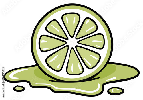 Cartoon illustration of a juicy lime slice with dripping liquid showing freshness and citrus flavor