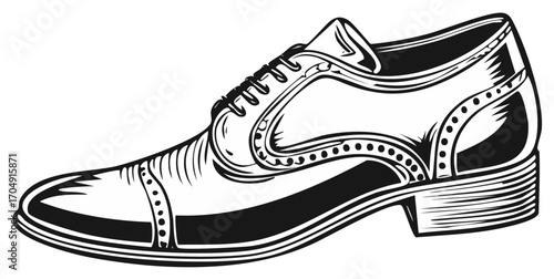 Detailed Black and White Vector Illustration of a Leather Dress Shoe with Laces
