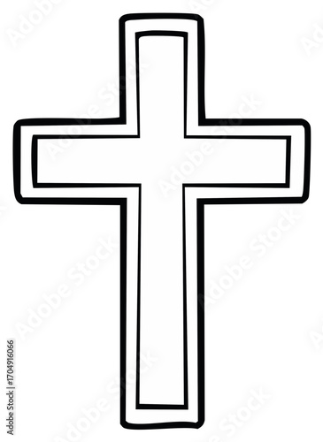 Graphic black and white religious cross outline, spiritual symbol of faith and hope
