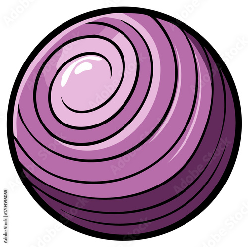 Purple onion vegetable cartoon illustration, spherical shape, bulb layering, black outlines and shading, food ingredient for cooking