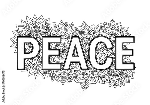 The bold, outlined word "PEACE" serves as a calm focal point against a beautifully intricate, floral mandala background designed for coloring