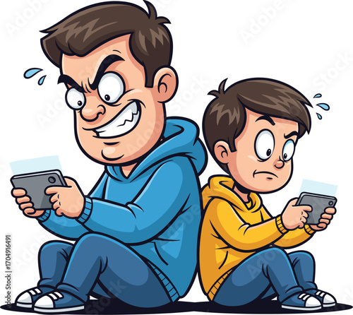 Two boys playing video games on their phones back to back