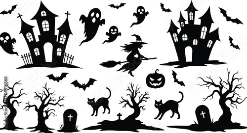 Halloween Silhouettes of Haunted Houses, Witch on Broomstick, Ghosts, Black Cats, Bats, Jack-o’-Lanterns, Trees, and Tombstones Vector