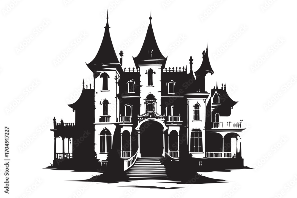 Obraz premium Halloween Silhouette T-Shirt – Spooky Haunted House Graphic Tee