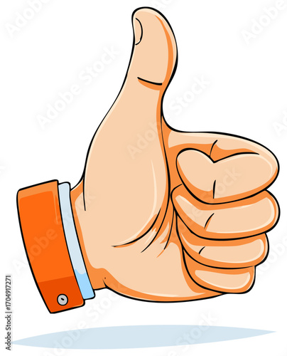 Cartoon hand with thumb up gesture, orange cuff and cufflink showing approval.