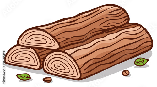 Pile of Log Ends Vector Illustration with Leafy Sprigs and Seed Accents