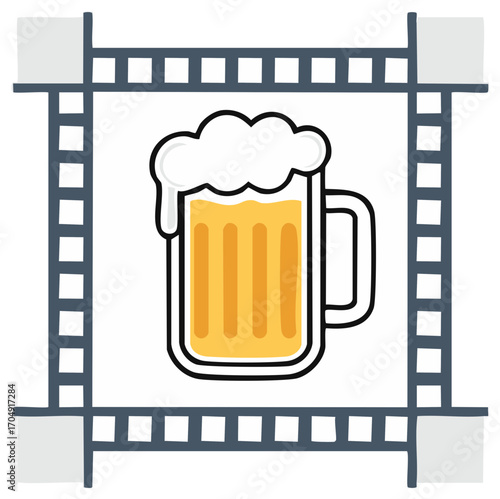 Beer mug illustration in frame, drink with foam, and hand-drawn design