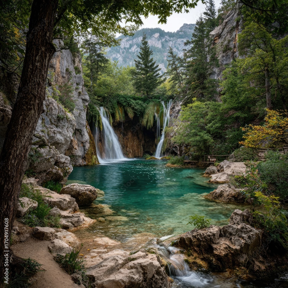 Obraz premium Scenic Waterfall and Turquoise Pool in Nature
