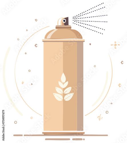 Beige Aerosol Spray Can with Plant Design Sprays Small Droplets in Illustration