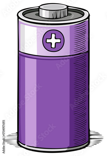 Cartoon style purple battery illustration with plus symbol