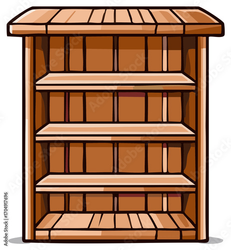 Wooden multi-shelf display unit or bookcase with a slatted top and open compartments