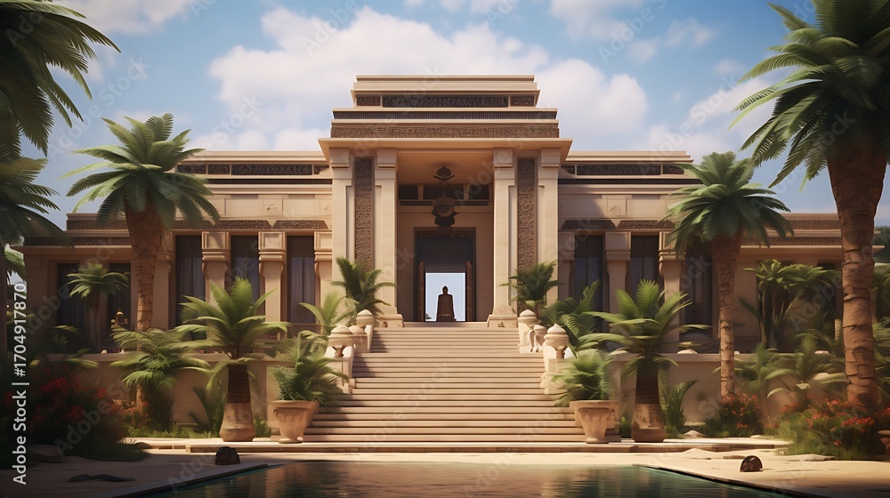 Obraz premium Luxurious architectural design with central figure and tropical palm backdrop creating a serene