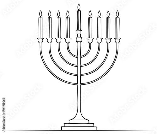 Hanukkah menorah line art illustration of the Jewish holiday symbol with nine candles