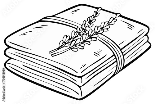 Stacked books tied with ribbons and decorated with a sprig of lavender